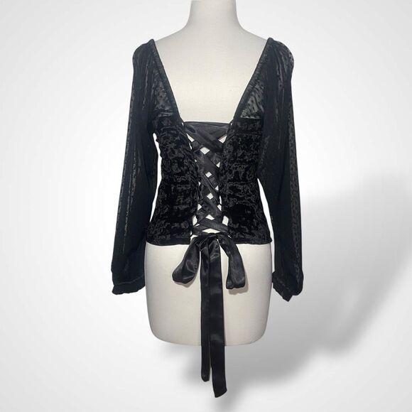 Porridge Tops - Anthropologie Porridge Velvet Lace Tie-Back Corset Blouse Size M Sheer Sleeves